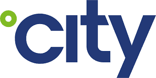 logo of city written in blue with a green circle in the top left corner of the image