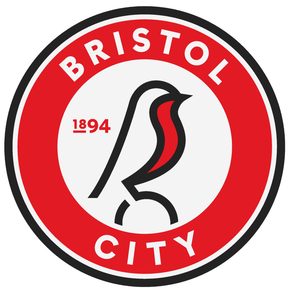 circular logo of bristol city in red and white with a robin in the centre